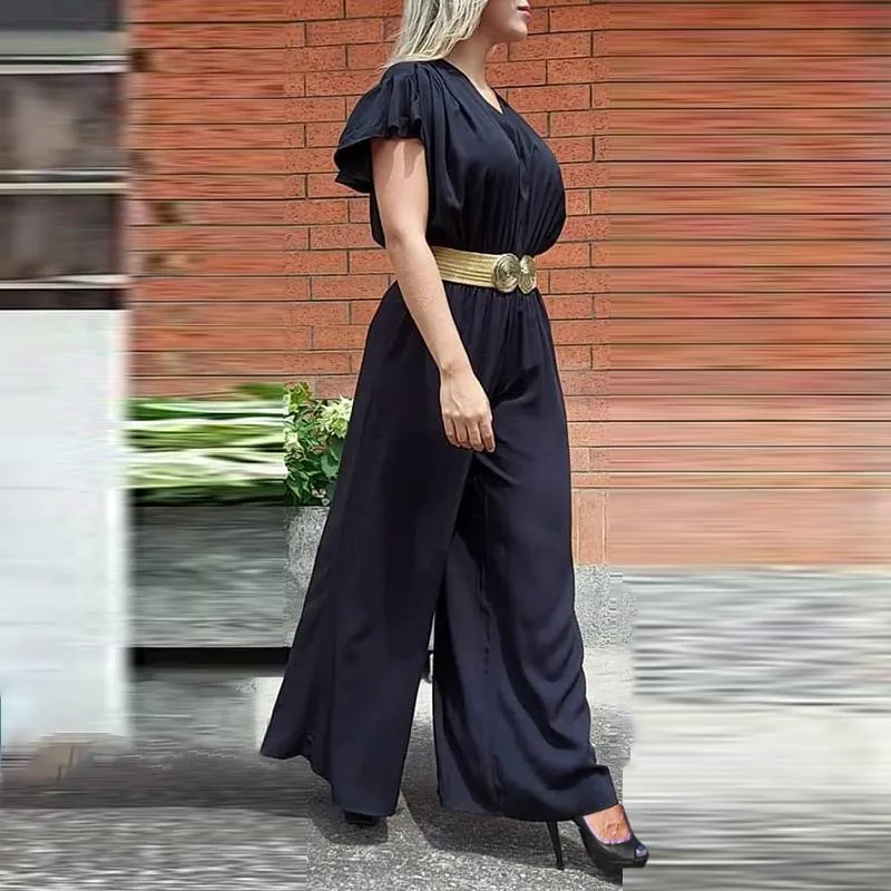 Short Sleeve Wide Leg V Neck Pleated Jumpsuit