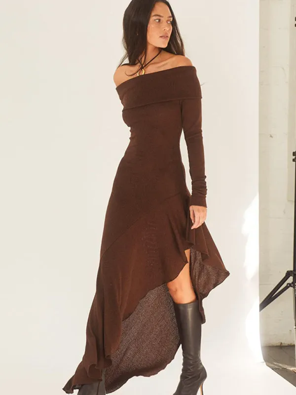 Solid Autumn High-Low Ruffle Side Off Shoulder Long Dress