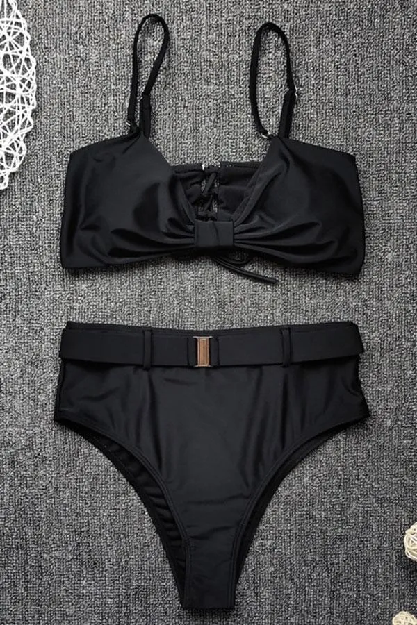 Solid Color Knotted High Waist Feminine Bikini