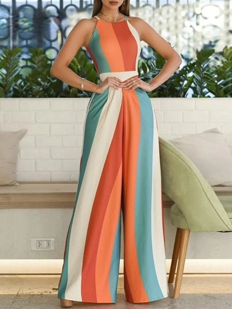Stripe Print Spaghetti Strap Wide Leg Rompers
