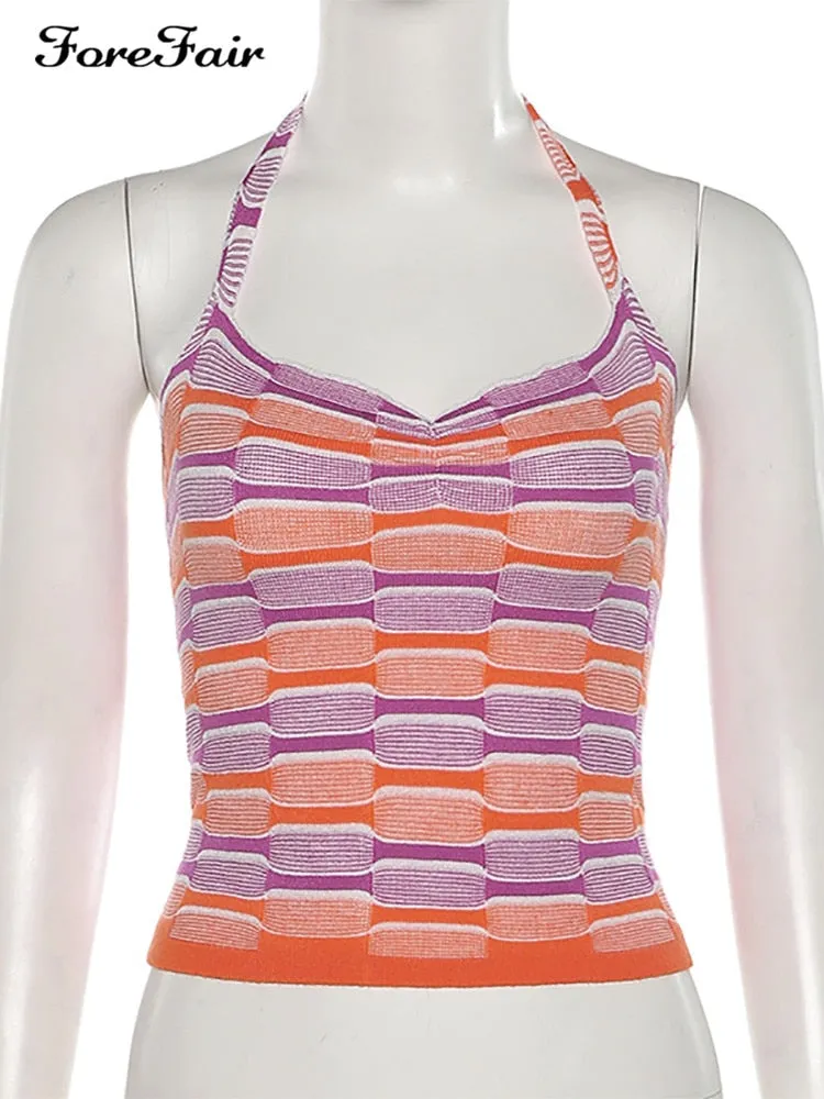 Summer Women Crop Top Halter Neck Bandage Backless Off Shoulder Sleeveless Patchwork Beach Knit Sexy Tank Top