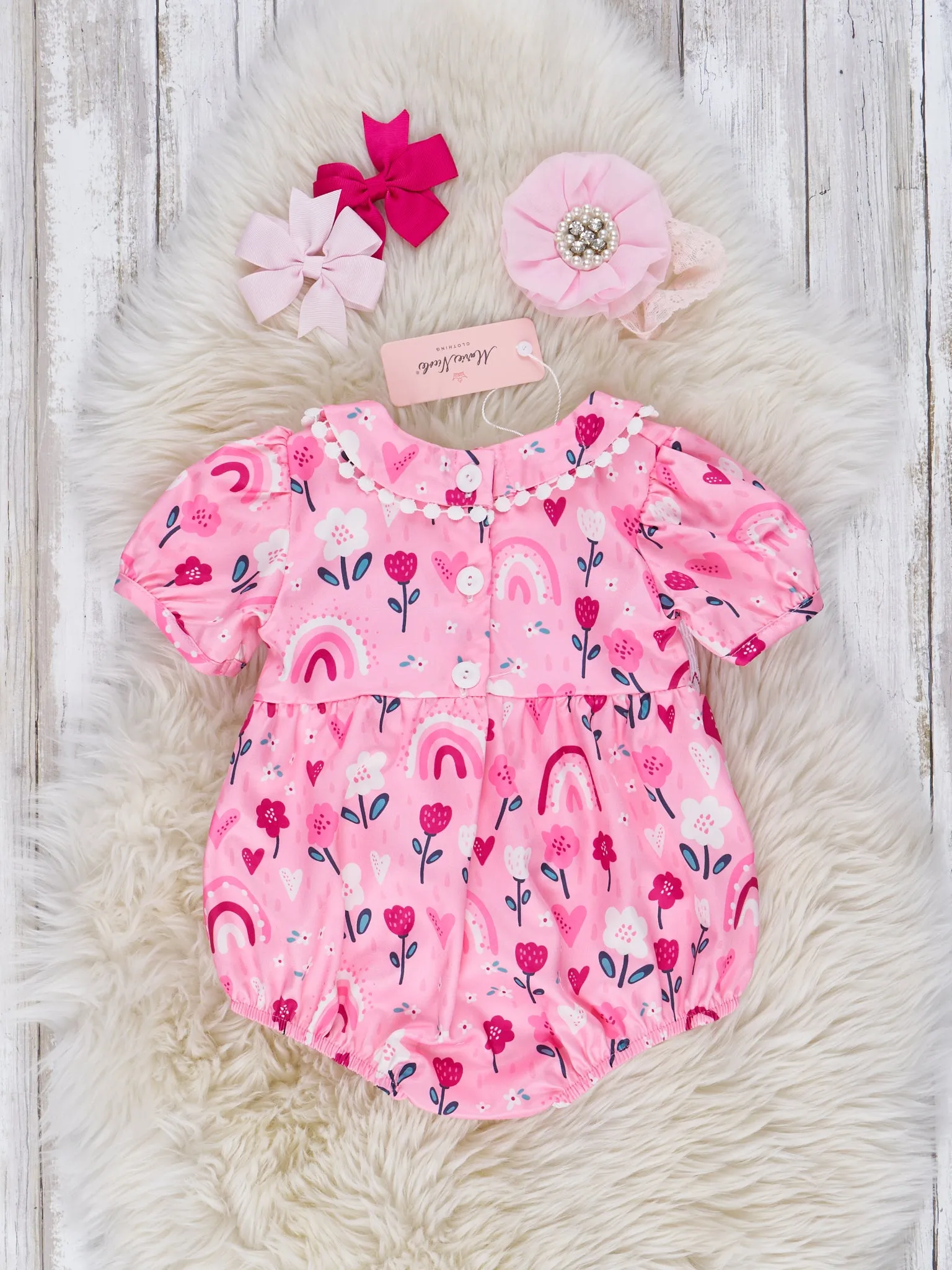 Sweet Pink Floral Rainbow Smocked Bubble
