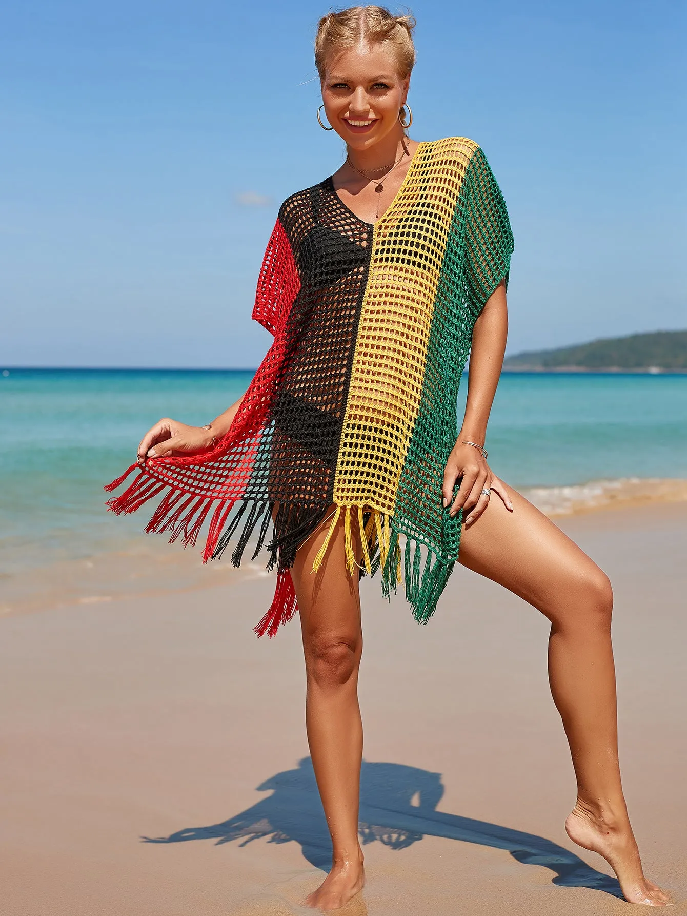 V-Neck Crochet Tassel Coverups - Women's Swimwear