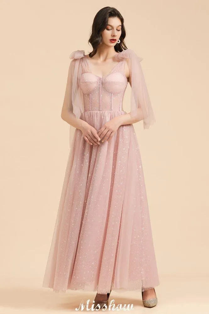 V-Neck Ruffle Chffion Sleeves Aline Bridesmaid Dress Dusty Pink Wedding party Dress