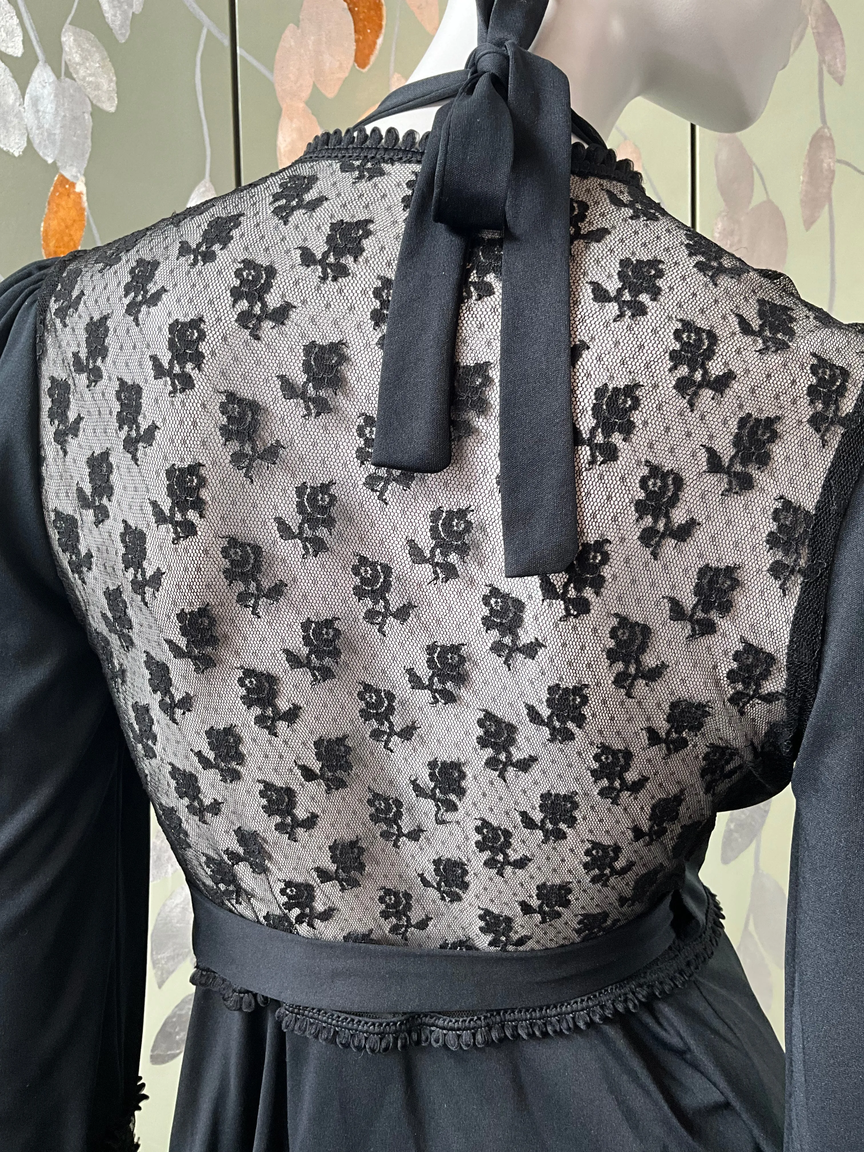 Vintage 1970s Black Flared Halter Jumpsuit and Lace Wrap Top Set, Medium