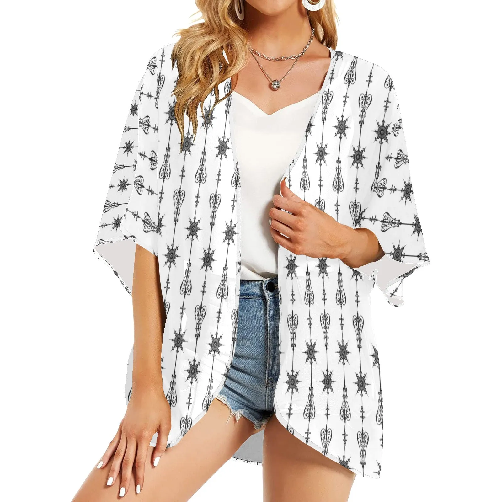 vintage arrow print 5 Women's Kimono Chiffon Cover Up (Model H51)