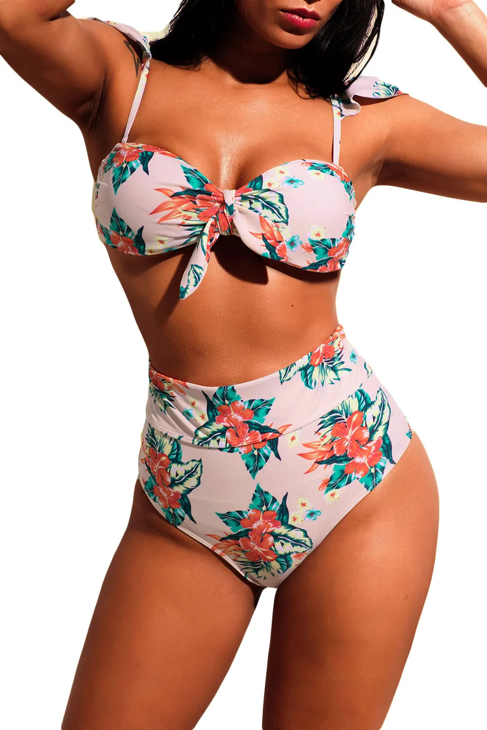 Vintage Floral Versatile Bandeau Bikini High Waist Swimsuit