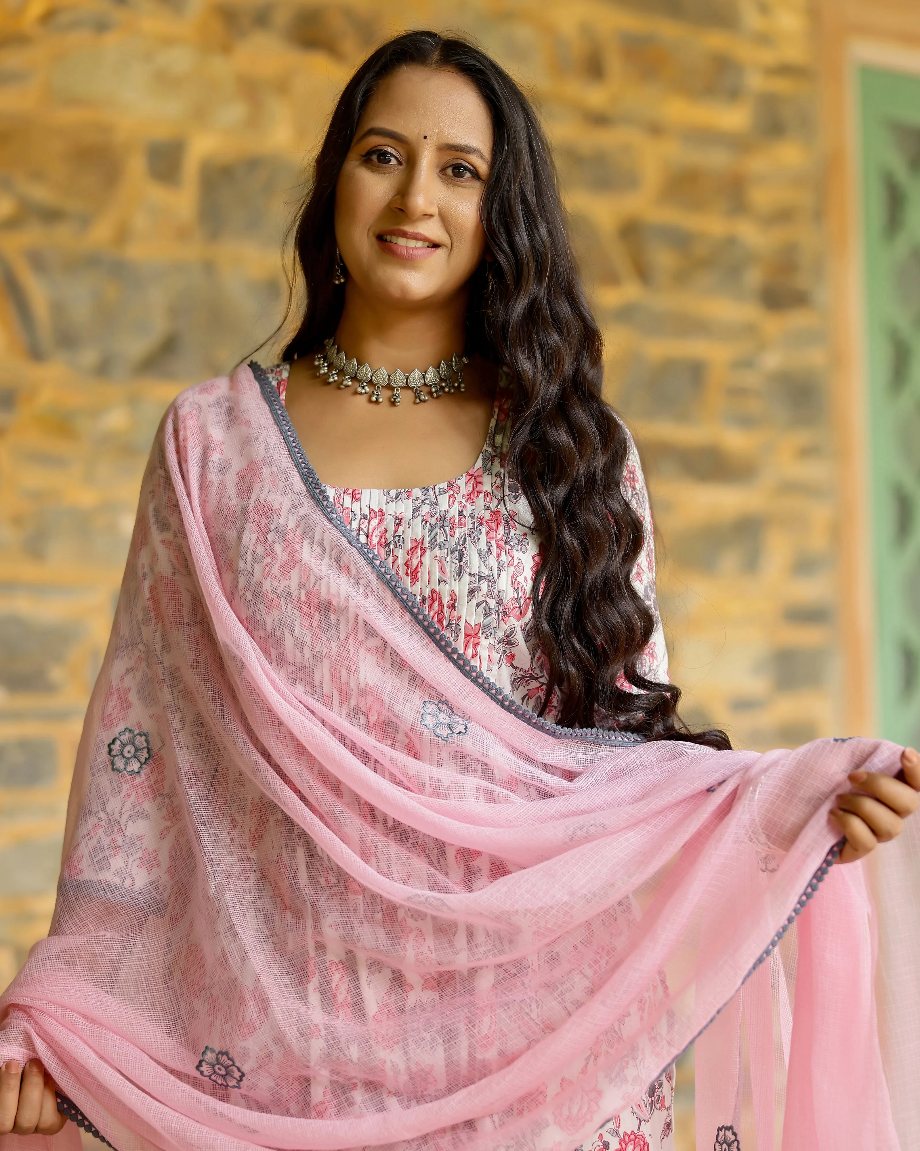 White & Pink Block Printed Cotton Suit Set