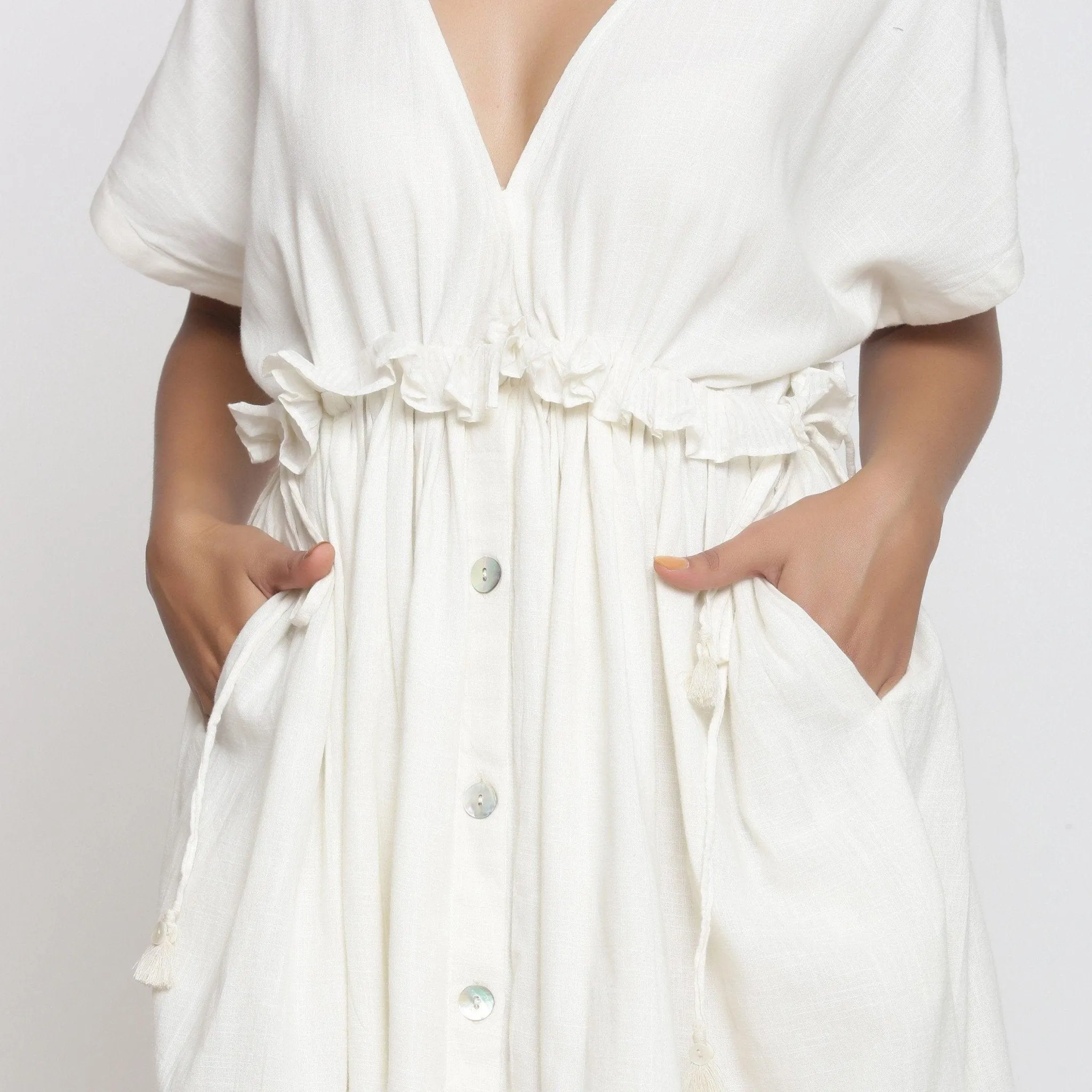 White Frilled Cotton Knee Length Bohemian Dress