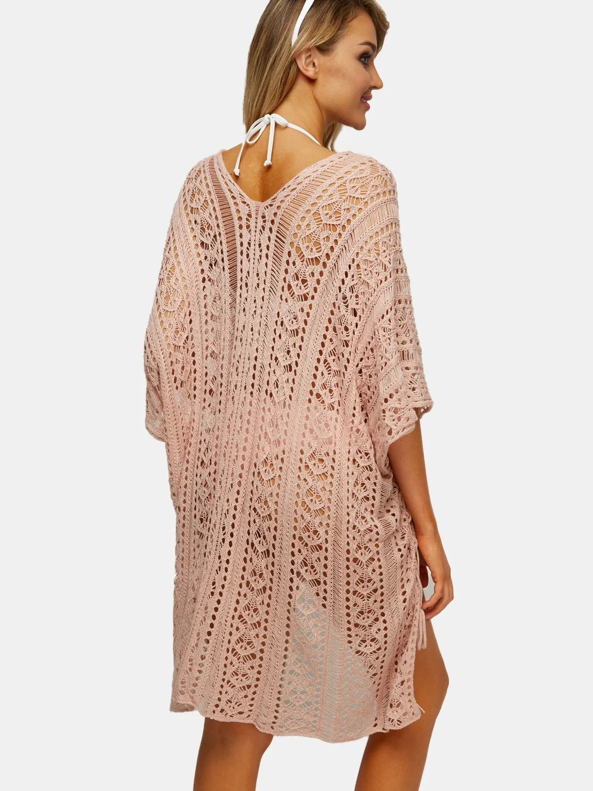 Wholesale Pink Deep V-Neck Tassel Hollow Lace-Up Slit Hem Beachwear