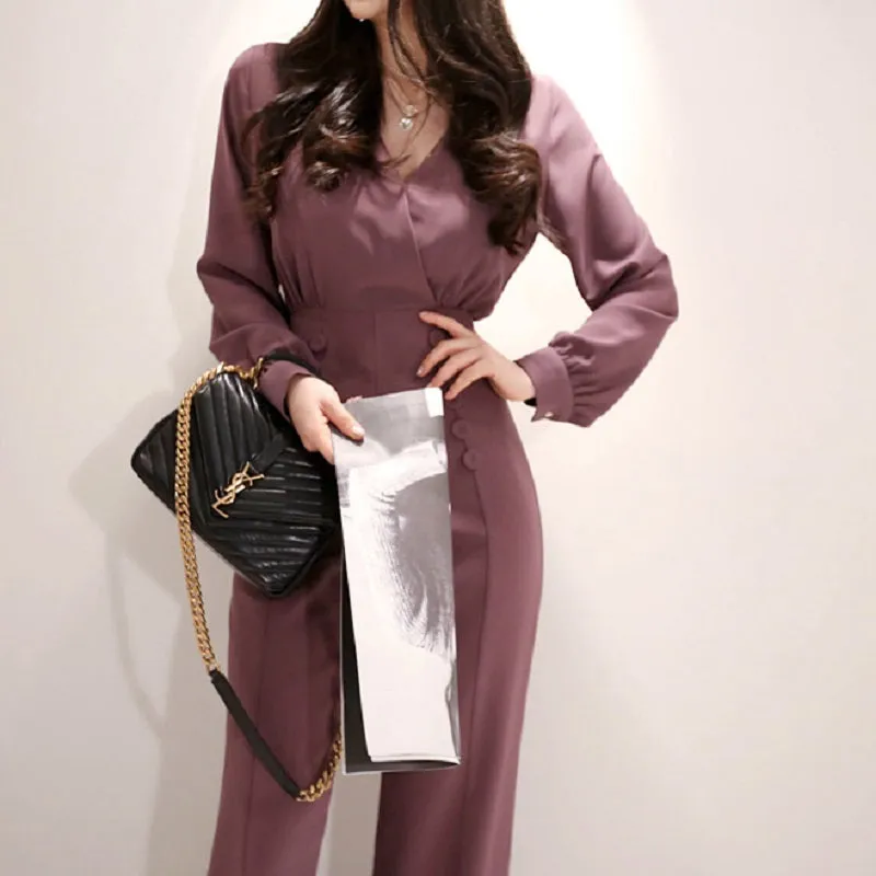 Women's Spring Casual V-Neck High-Waist Long-Sleeved Jumpsuit